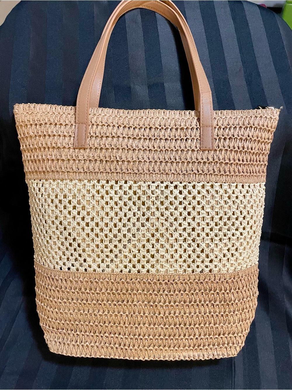 Woven Straw Tote Bag in Tan and Cream - Women Bags
